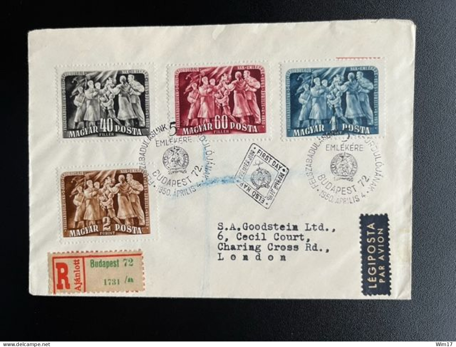 HUNGARY MAGYAR 1950 REGISTERED FDC 5TH ANN. LIBERATION SEND TO LONDON 04-04-1950 HONGARIJE UNGARN - FDC