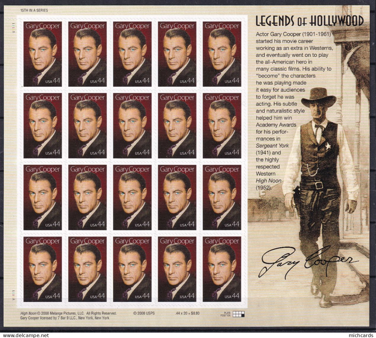 258 ETATS UNIS (USA) 2008 - Yvert 4212 X 20 En Feuille - Gary Cooper - Neuf ** (MNH) Sans Charniere - Ungebraucht