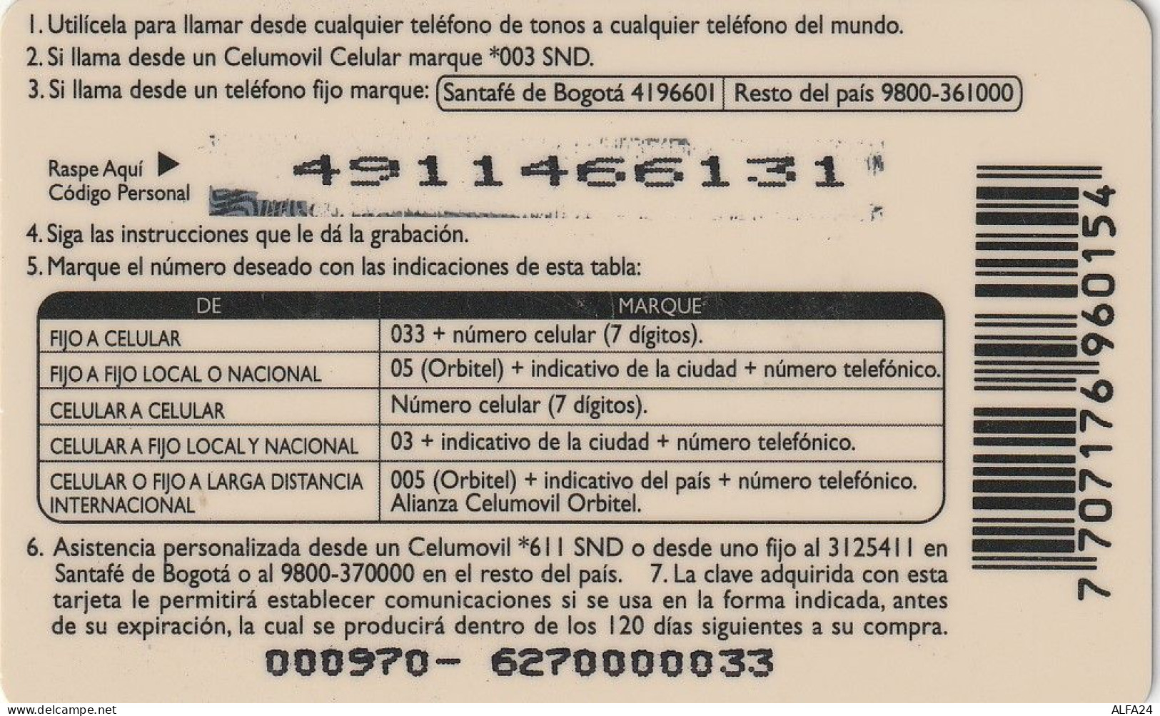 PREPAID PHONE CARD COLOMBIA  (CV4240 - Kolumbien