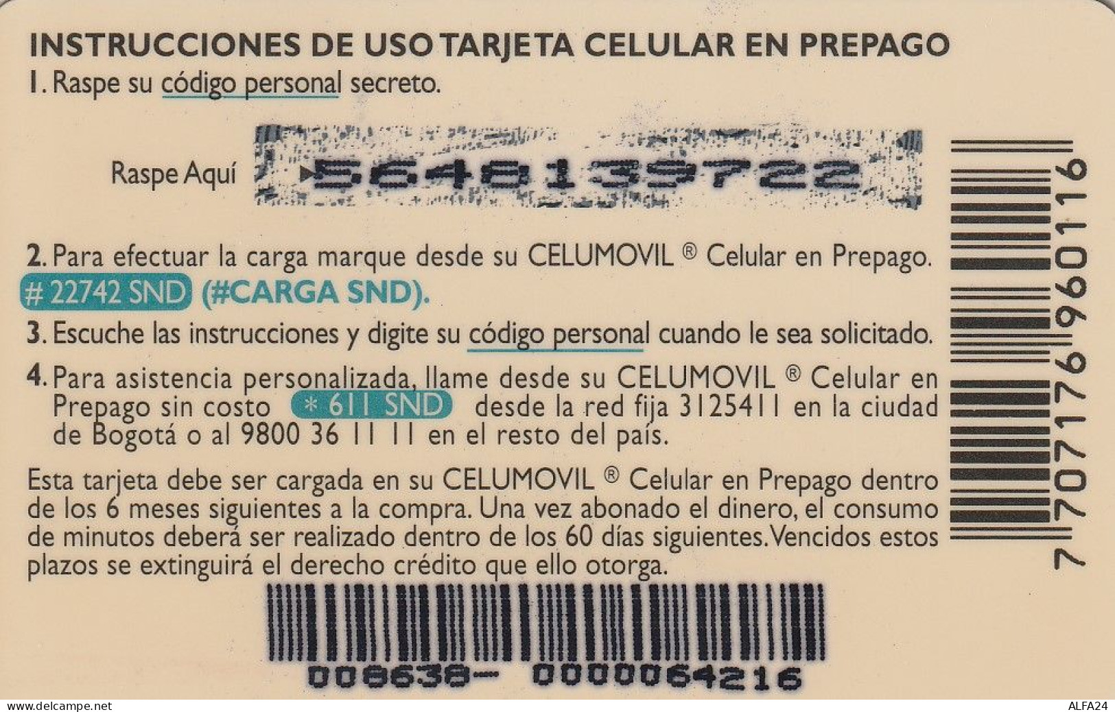 PREPAID PHONE CARD COLOMBIA  (CV4227 - Kolumbien