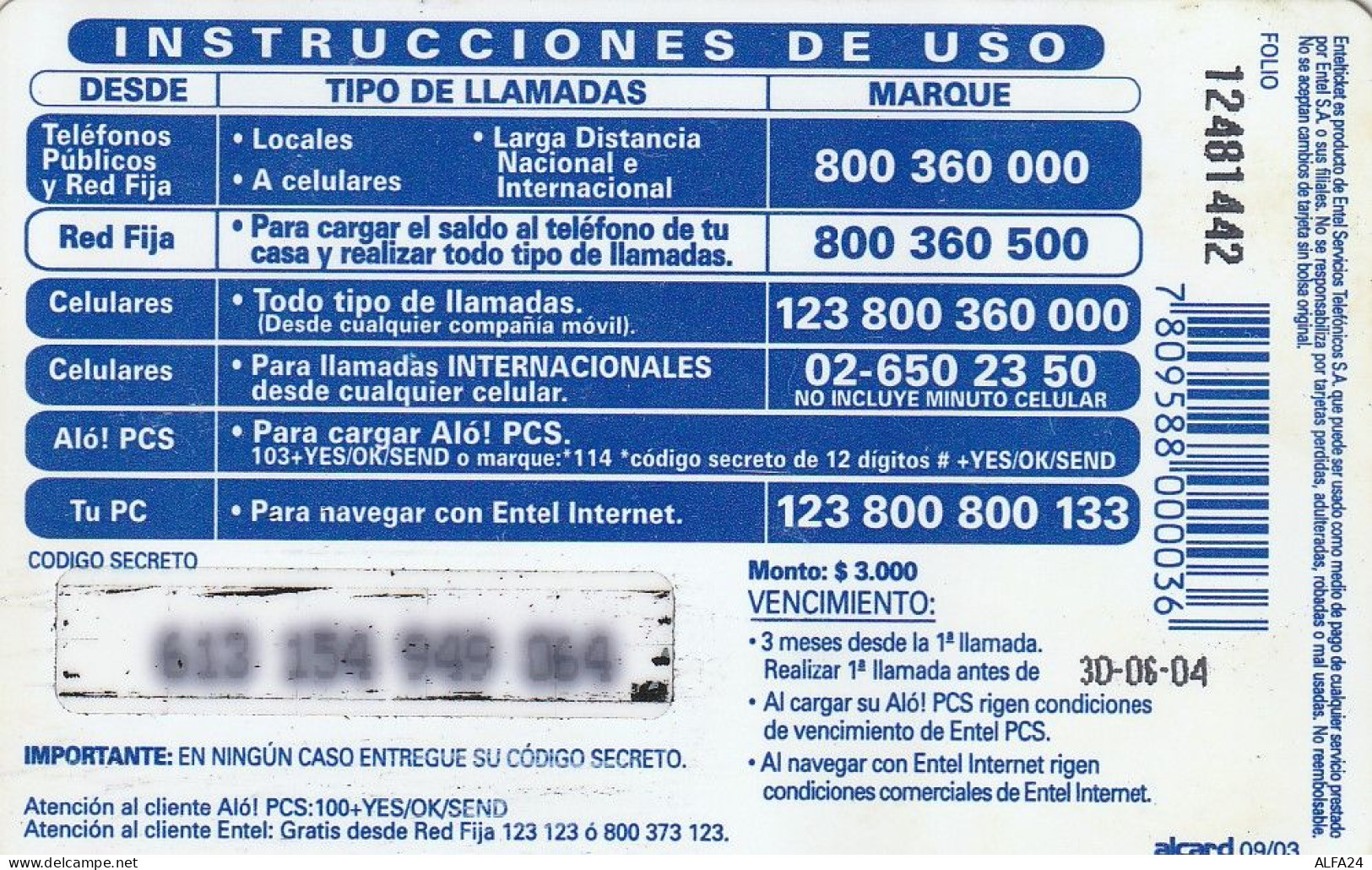 PREPAID PHONE CARD CILE  (CV4195 - Cile