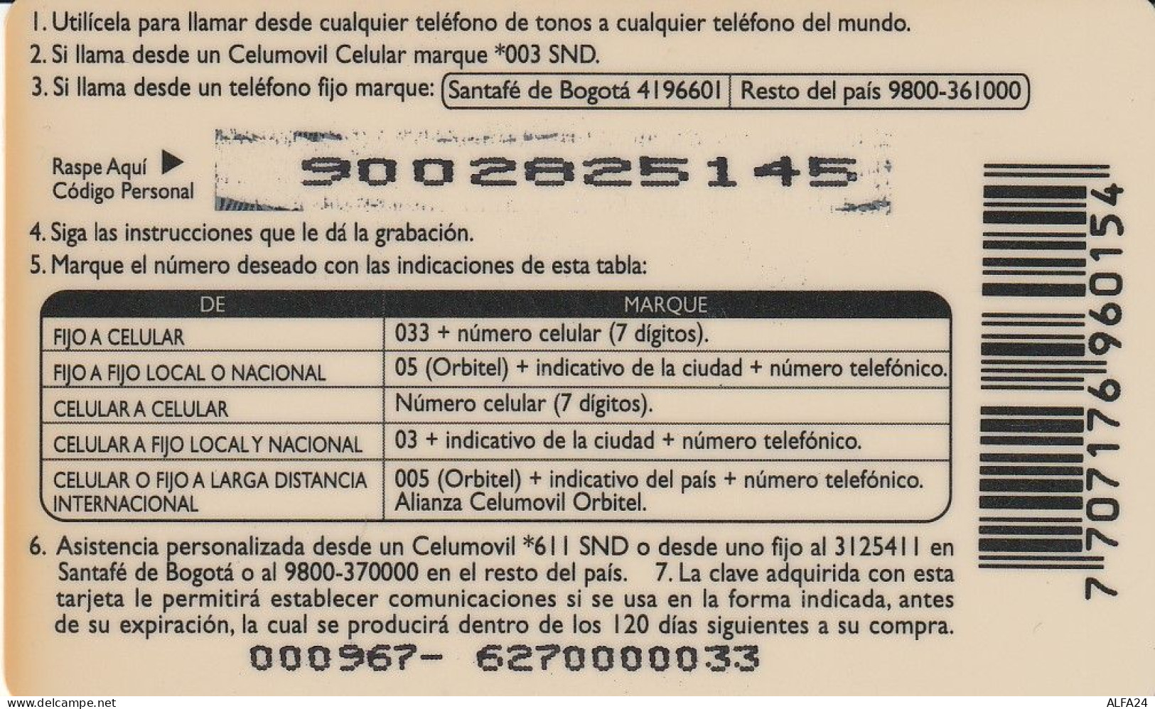 PREPAID PHONE CARD COLOMBIA  (CV4162 - Colombie