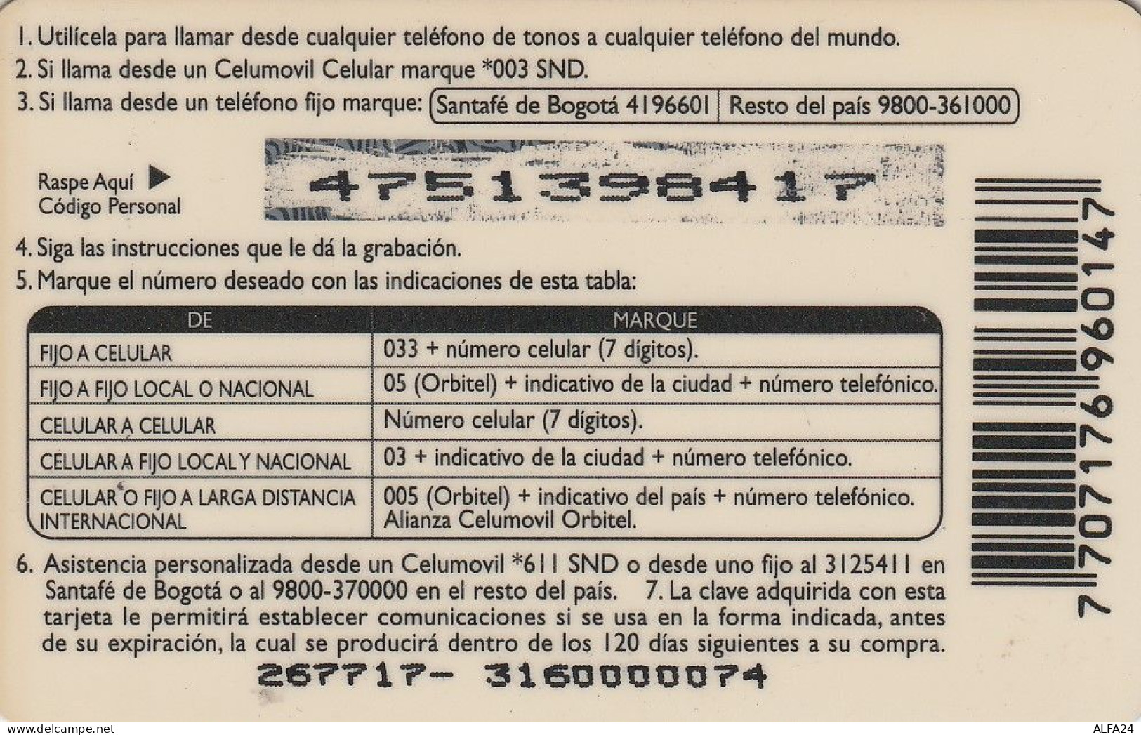PREPAID PHONE CARD COLOMBIA  (CV4159 - Colombia