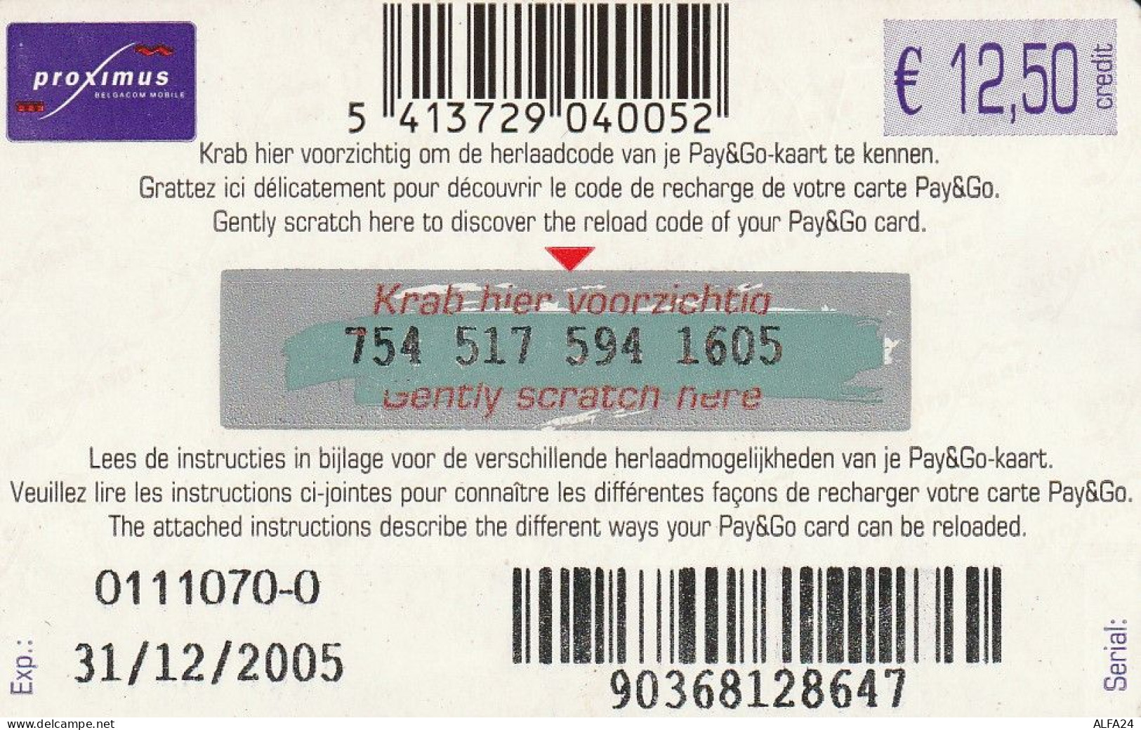 PREPAID PHONE CARD BELGIO  (CV2978 - [2] Prepaid & Refill Cards