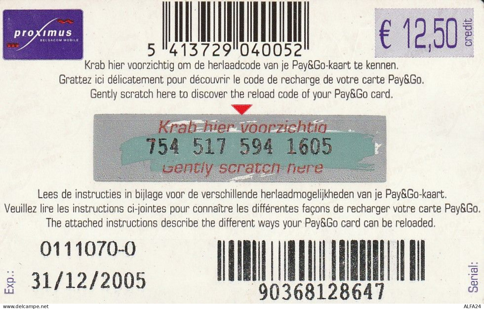 PREPAID PHONE CARD BELGIO  (CV2978 - GSM-Kaarten, Herlaadbaar & Voorafbetaald
