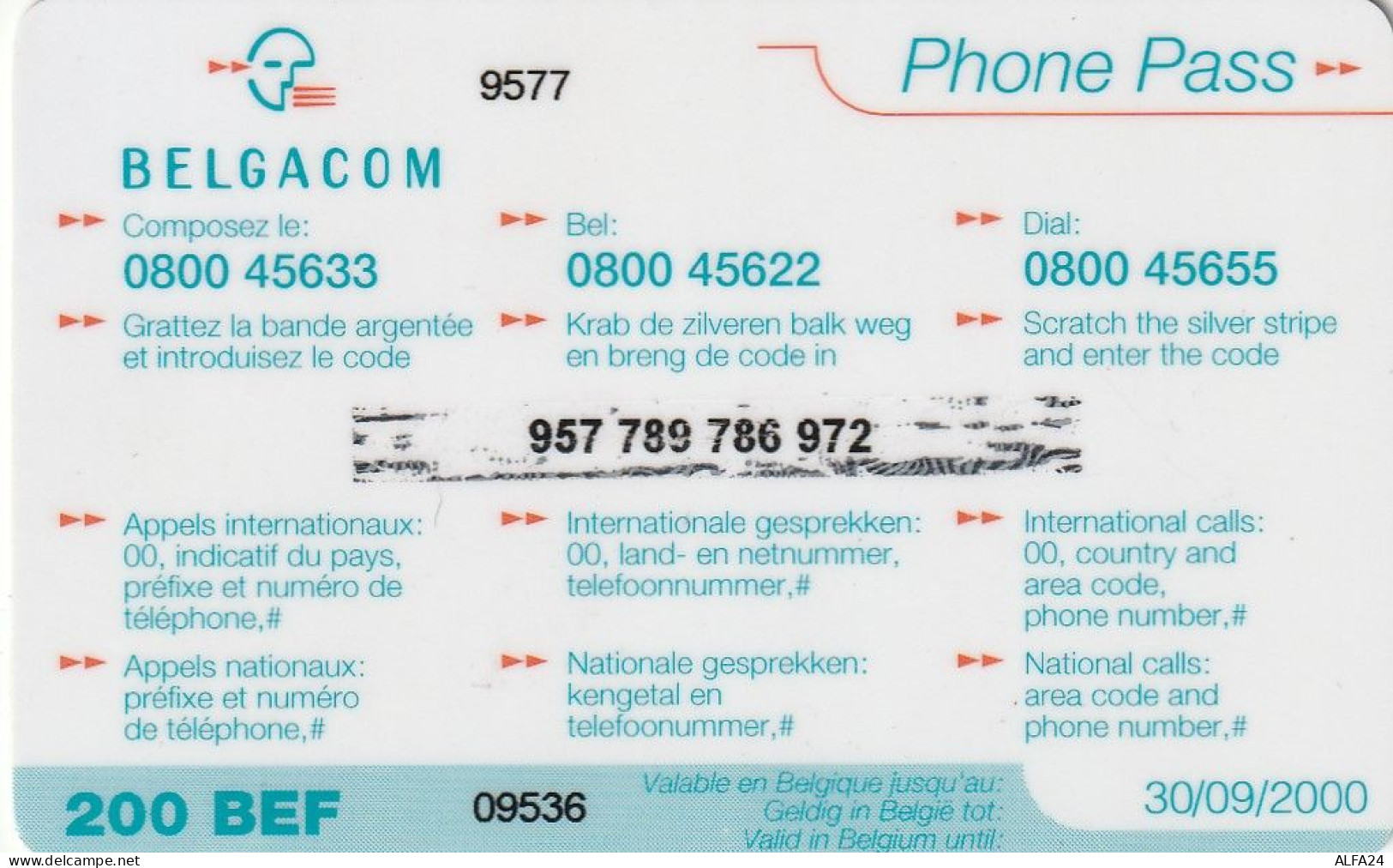 PREPAID PHONE CARD BELGIO  (CV2972 - [2] Tarjetas Móviles, Recargos & Prepagadas