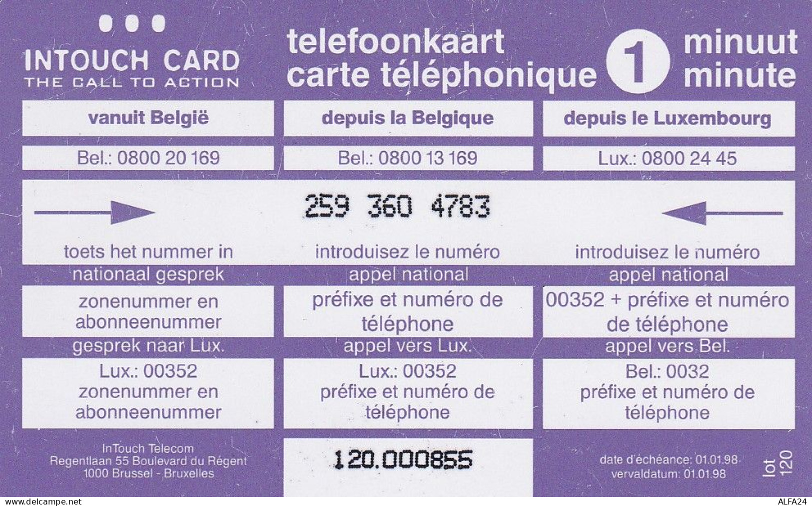 PREPAID PHONE CARD BELGIO  (CV2970 - [2] Tarjetas Móviles, Recargos & Prepagadas