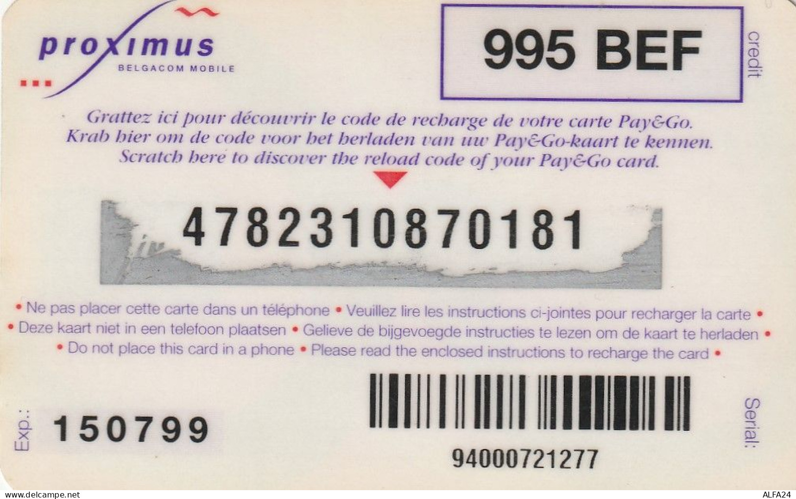 PREPAID PHONE CARD BELGIO  (CV2960 - GSM-Kaarten, Herlaadbaar & Voorafbetaald