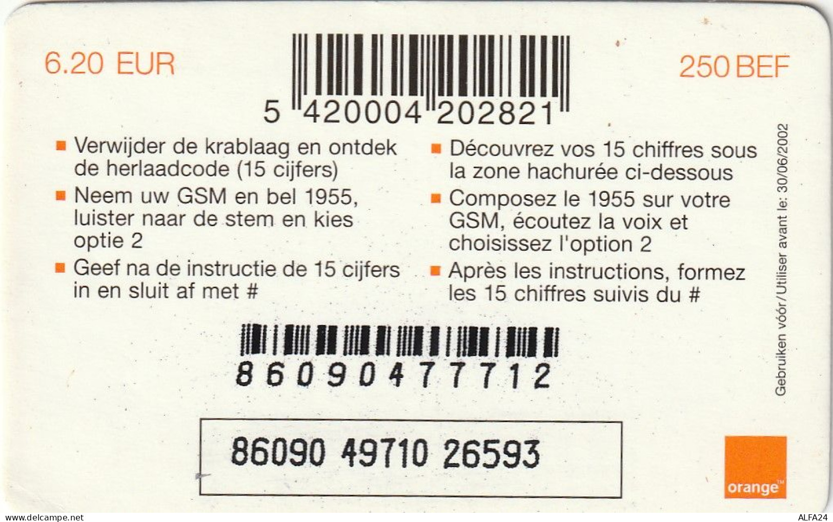 PREPAID PHONE CARD BELGIO  (CV2956 - GSM-Kaarten, Herlaadbaar & Voorafbetaald