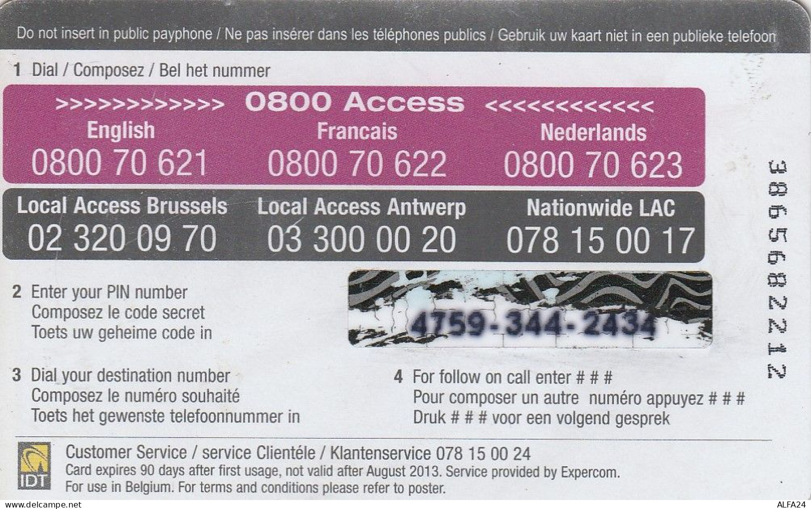 PREPAID PHONE CARD BELGIO  (CV2951 - [2] Tarjetas Móviles, Recargos & Prepagadas