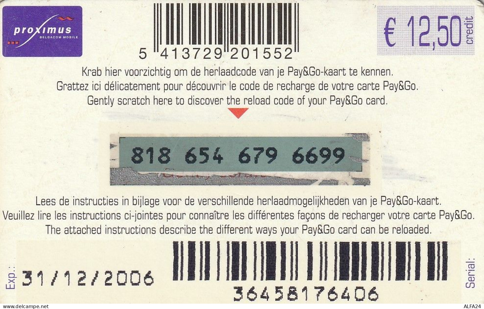 PREPAID PHONE CARD BELGIO  (CV2931 - [2] Prepaid & Refill Cards