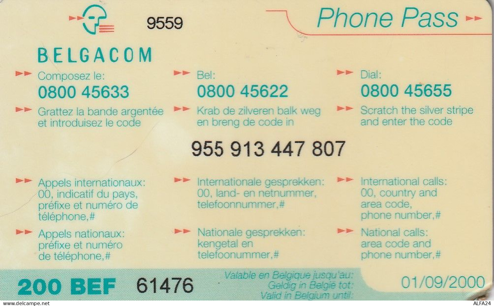 PREPAID PHONE CARD BELGIO  (CV2930 - [2] Tarjetas Móviles, Recargos & Prepagadas