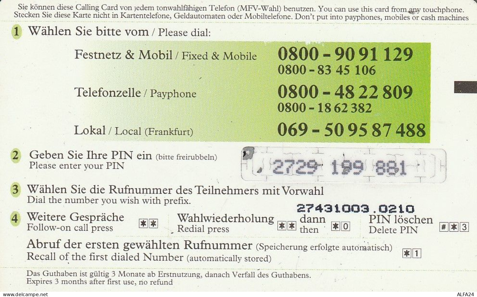 PREPAID PHONE CARD GERMANIA  (CV4697 - Cellulari, Carte Prepagate E Ricariche