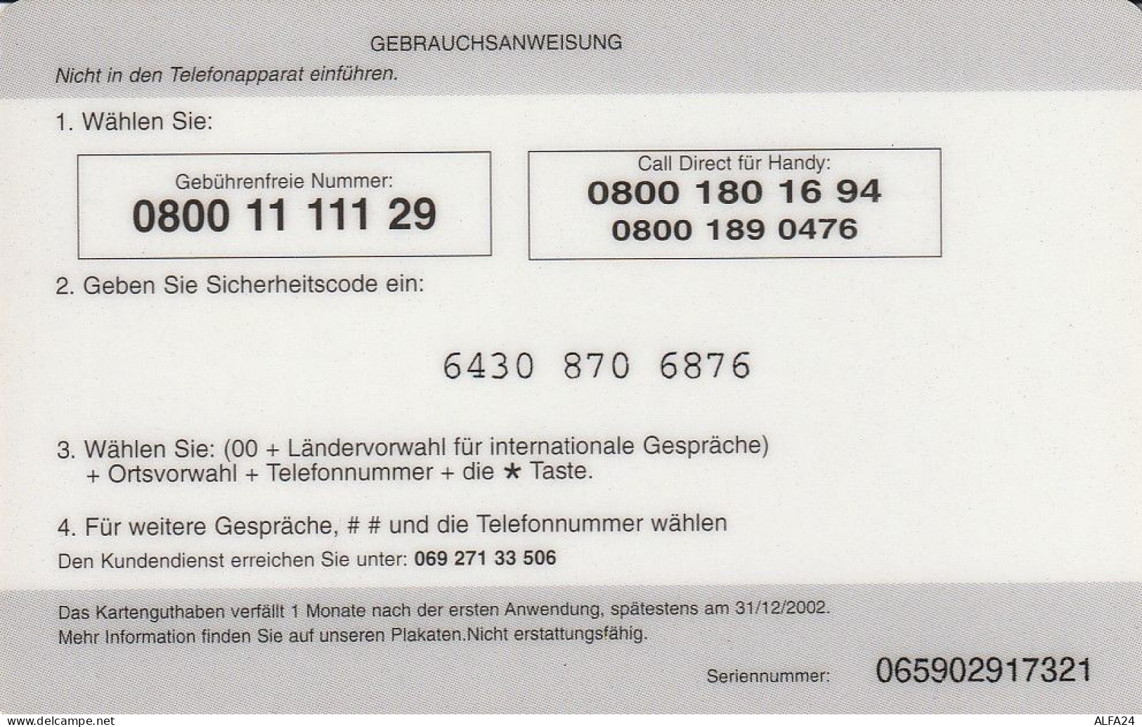 PREPAID PHONE CARD GERMANIA  (CV4674 - [2] Móviles Tarjetas Prepagadas & Recargos