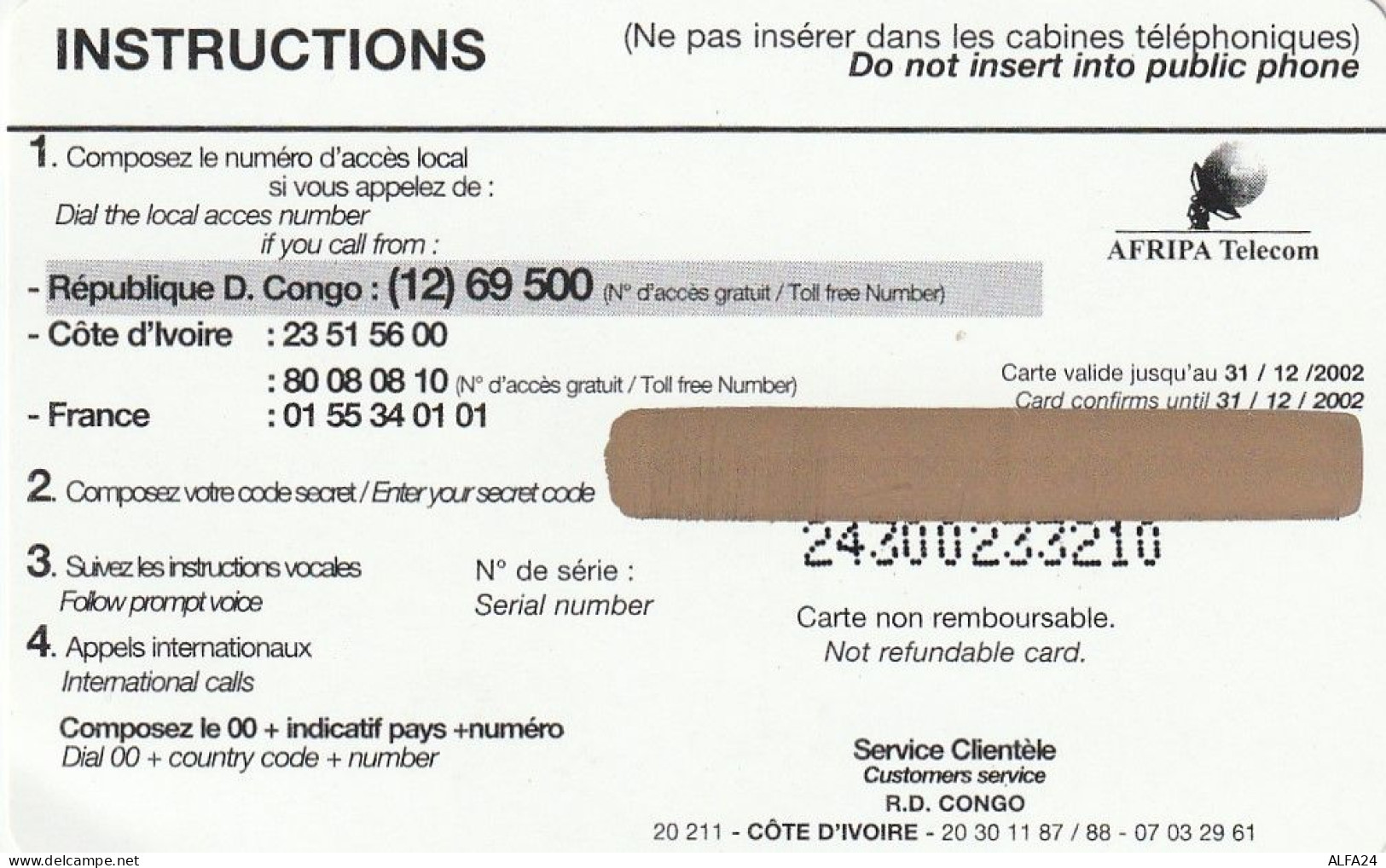 PREPAID PHONE CARD REP DEMOCATRICA CONGO  (CV4520 - Congo
