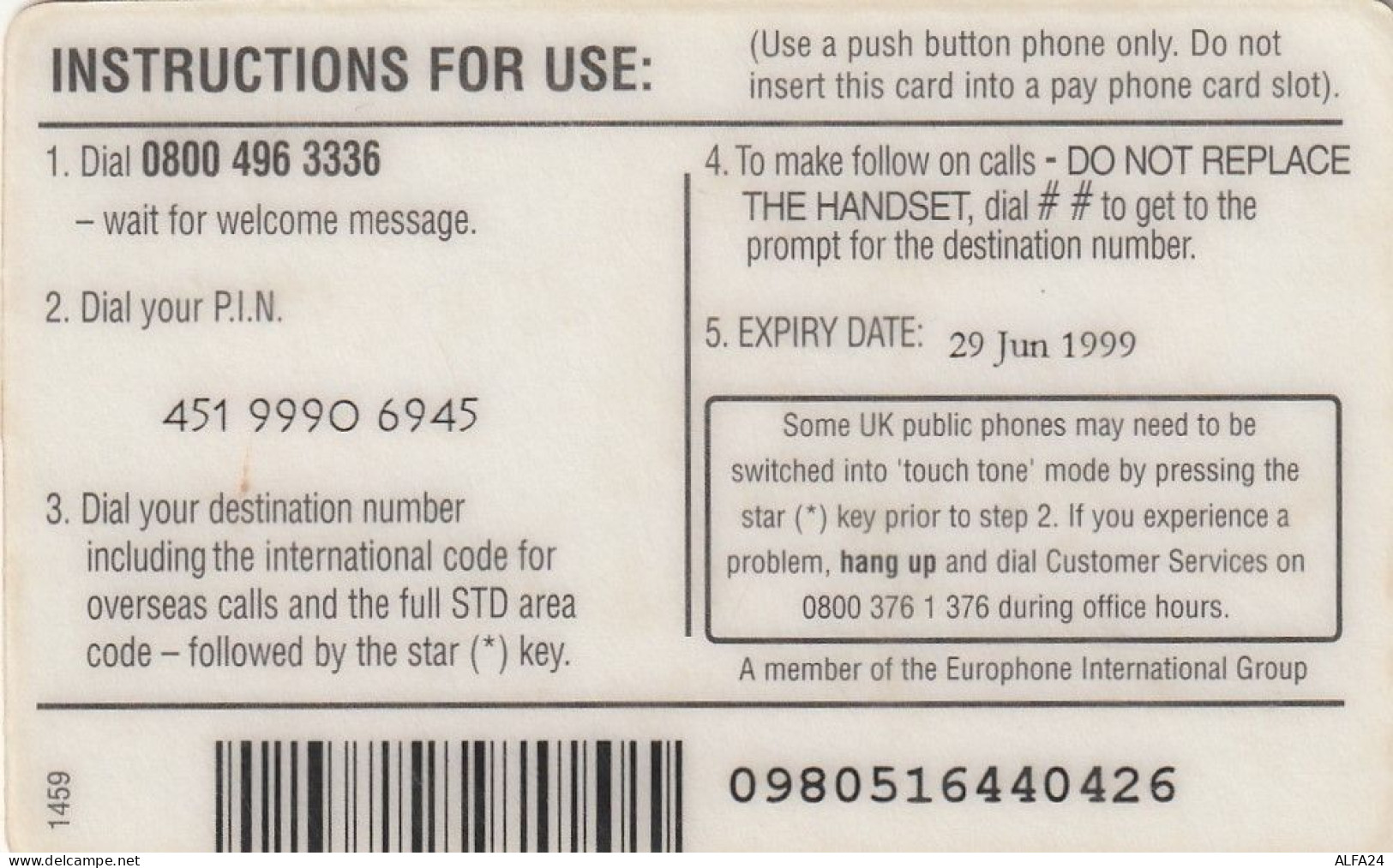 PREPAID PHONE CARD UK  (CV4382 - BT Cartes Mondiales (Prépayées)