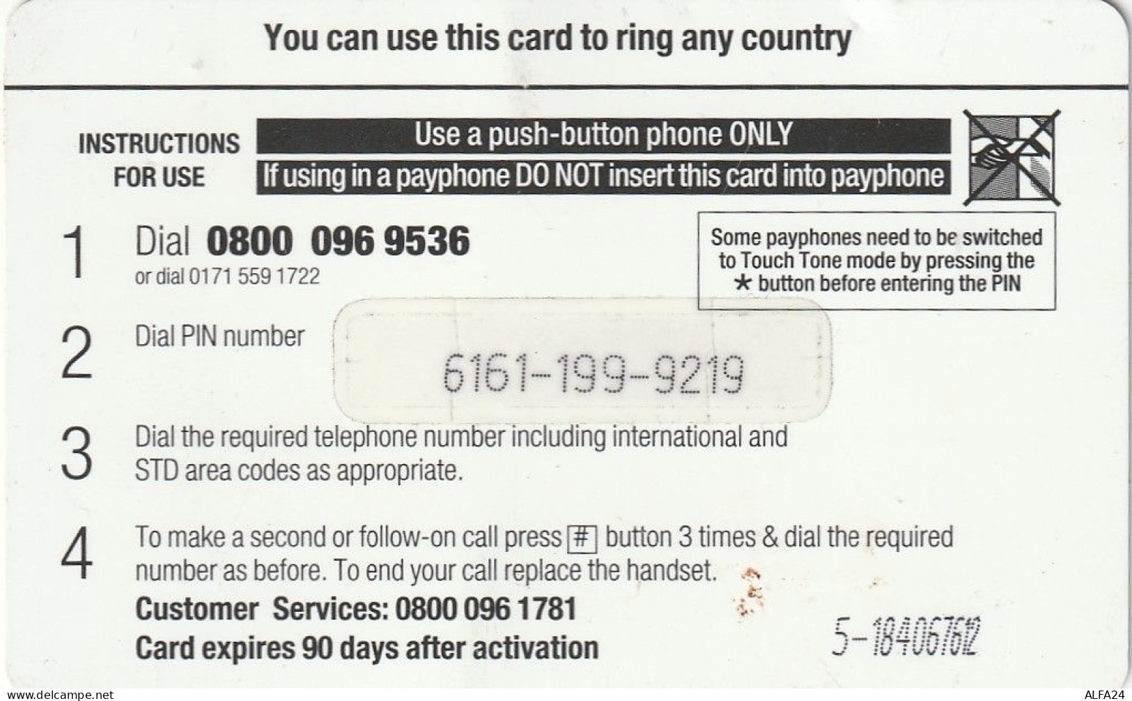 PREPAID PHONE CARD UK  (CV6260 - BT Cartes Mondiales (Prépayées)
