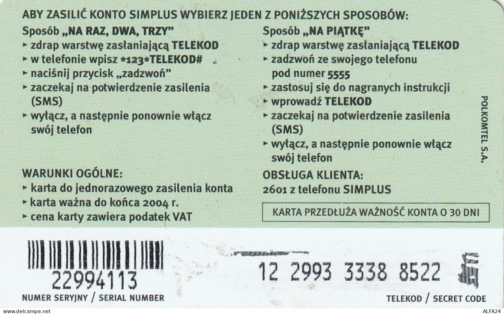 PREPAID PHONE CARD POLONIA  (CV3256 - Pologne