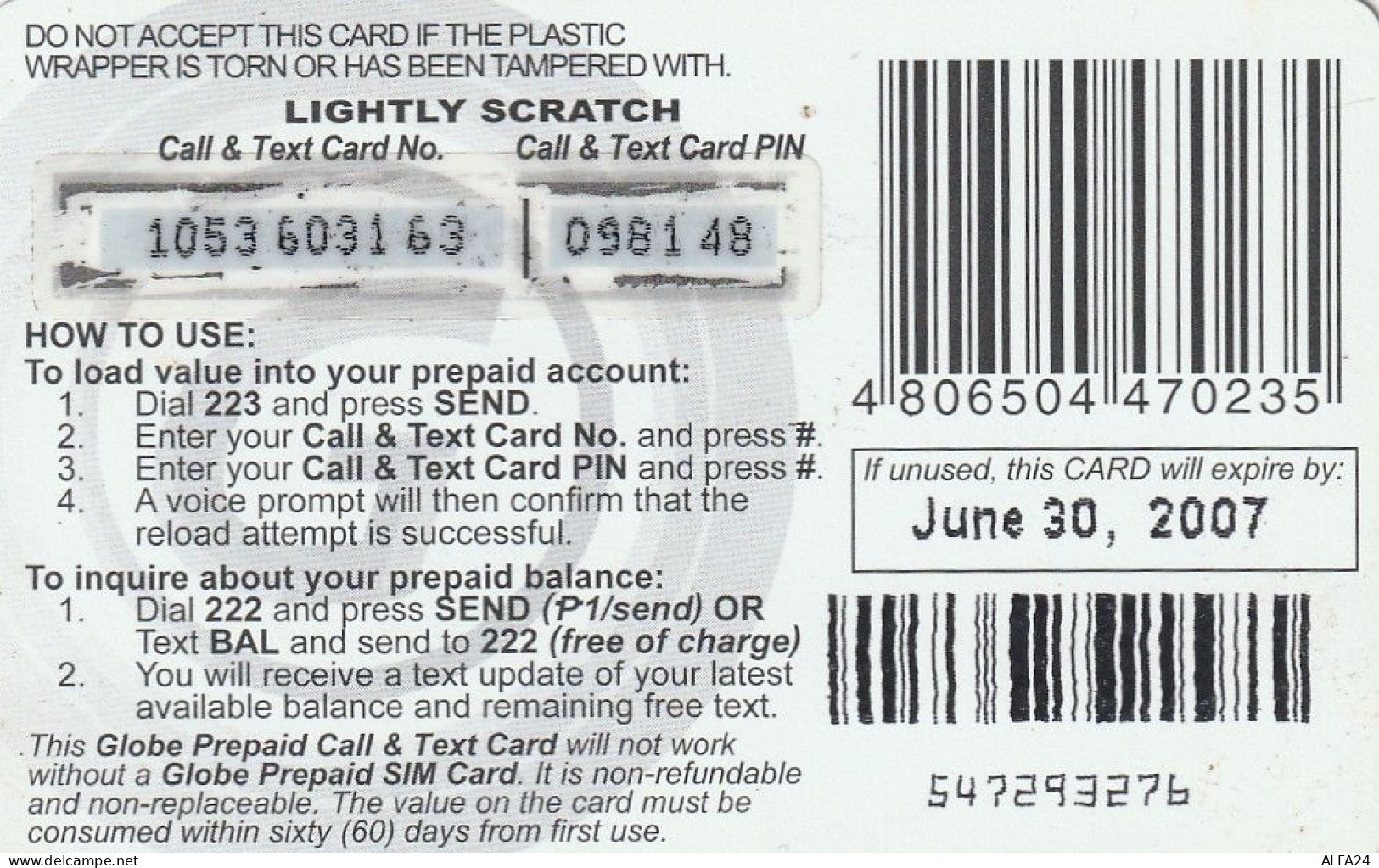 PREPAID PHONE CARD FILIPPINE  (CV3229 - Philippines