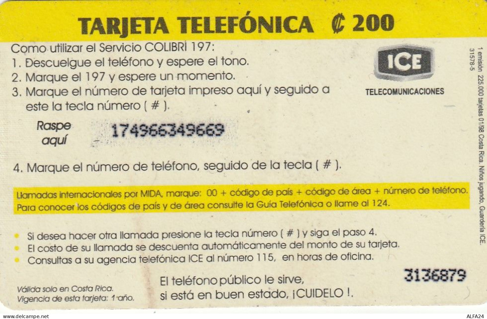 PREPAID PHONE CARD COSTA RICA   (CV3122 - Costa Rica