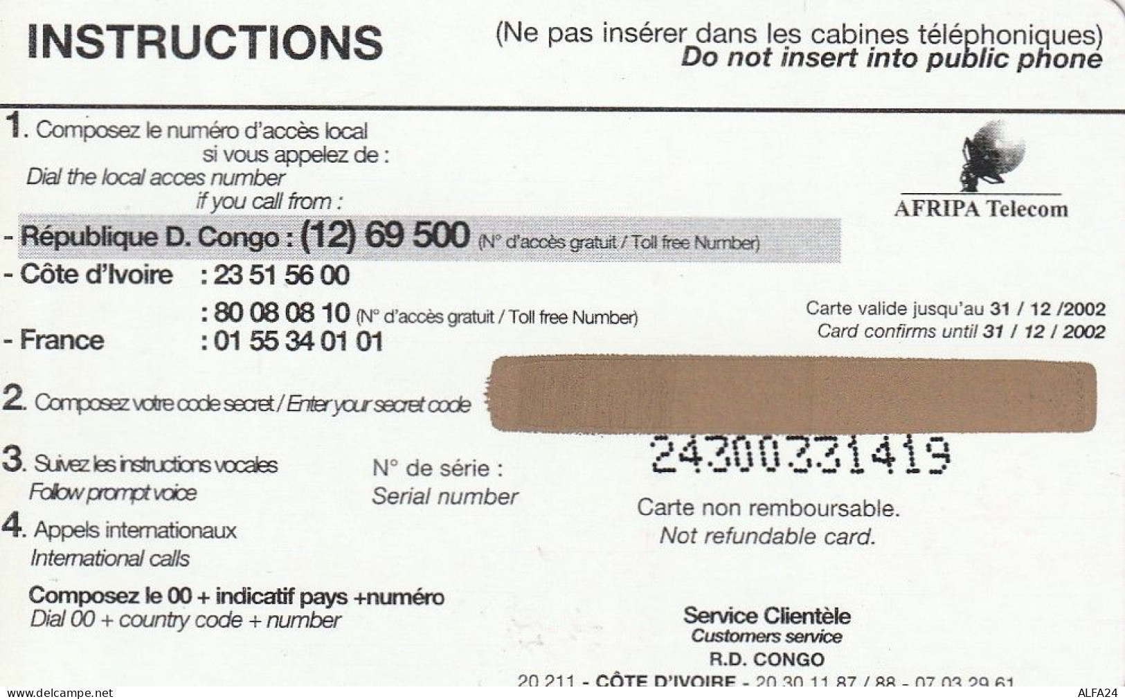 PREPAID PHONE CARD REP DEMOCATRICA CONGO  (CV3853 - Kongo