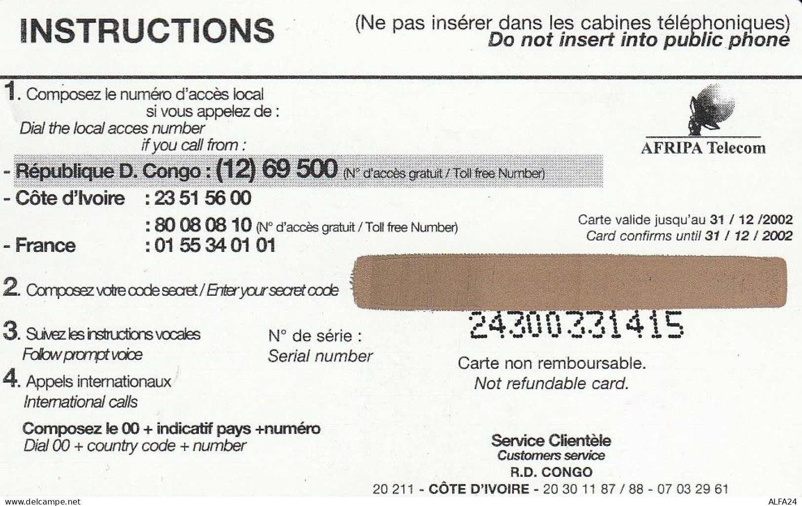 PREPAID PHONE CARD REP DEMOCATRICA CONGO  (CV3858 - Kongo