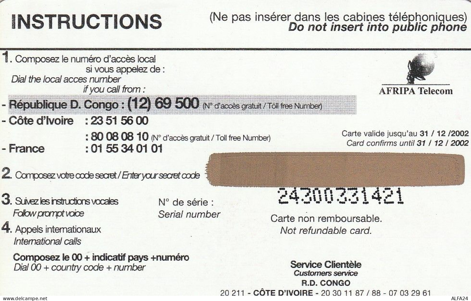 PREPAID PHONE CARD REP DEMOCATRICA CONGO  (CV3851 - Congo