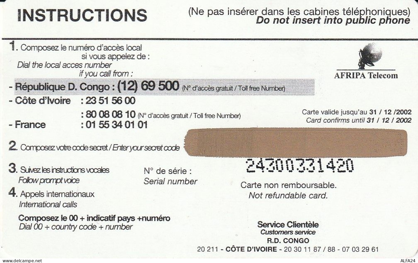 PREPAID PHONE CARD REP DEMOCATRICA CONGO  (CV3850 - Kongo