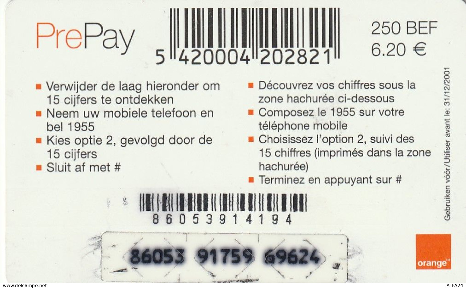 PREPAID PHONE CARD BELGIO  (CV3824 - GSM-Kaarten, Herlaadbaar & Voorafbetaald