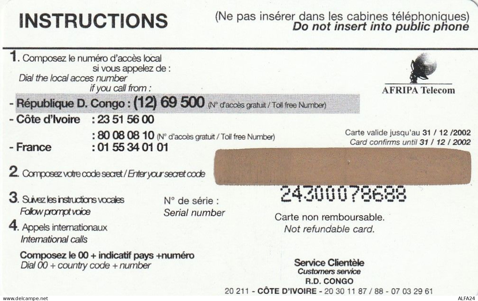 PREPAID PHONE CARD REP DEMOCATRICA CONGO  (CV3868 - Congo