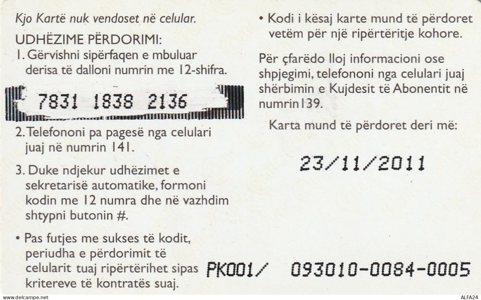 PREPAID PHONE CARD ALBANIA  (CV3800 - Albanien