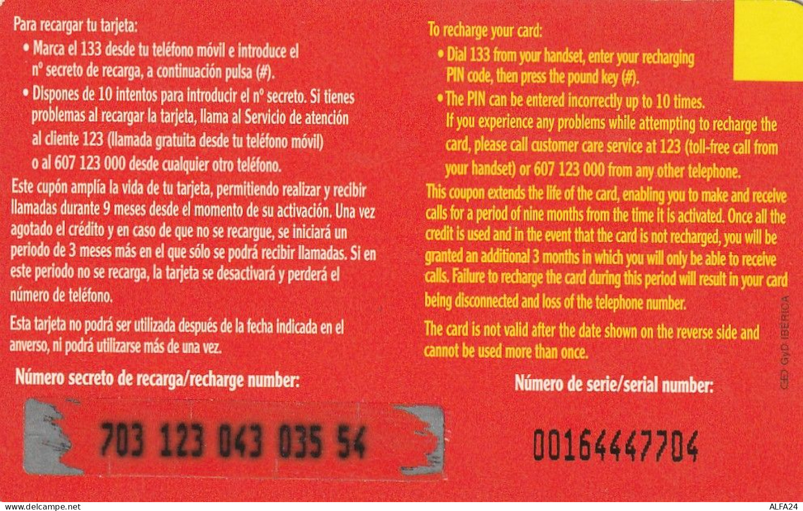 PREPAID PHONE CARD SPAGNA  (CV3686 - Sonstige & Ohne Zuordnung