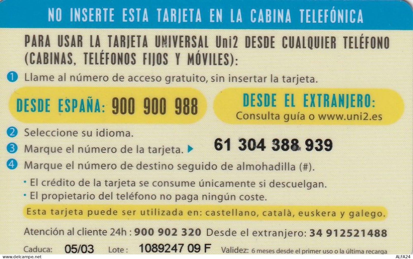 PREPAID PHONE CARD SPAGNA  (CV3669 - Autres & Non Classés