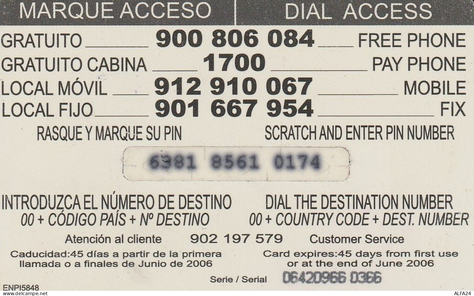 PREPAID PHONE CARD SPAGNA  (CV3665 - Sonstige & Ohne Zuordnung