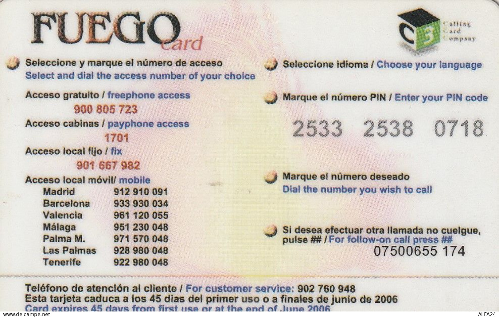 PREPAID PHONE CARD SPAGNA  (CV3643 - Autres & Non Classés