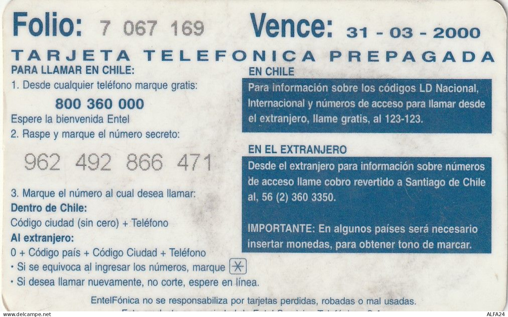 PREPAID PHONE CARD CILE  (CV3278 - Chili