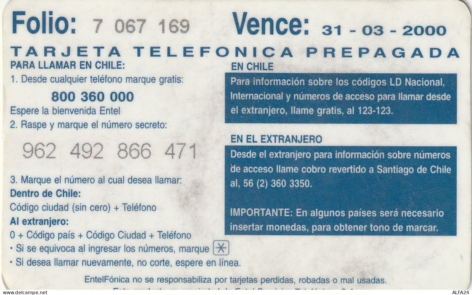 PREPAID PHONE CARD CILE  (CV3278 - Chile