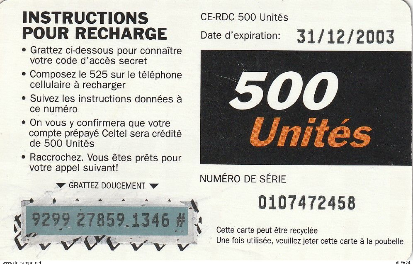 PREPAID PHONE CARD REP DEMOCATRICA CONGO  (CV5235 - Congo