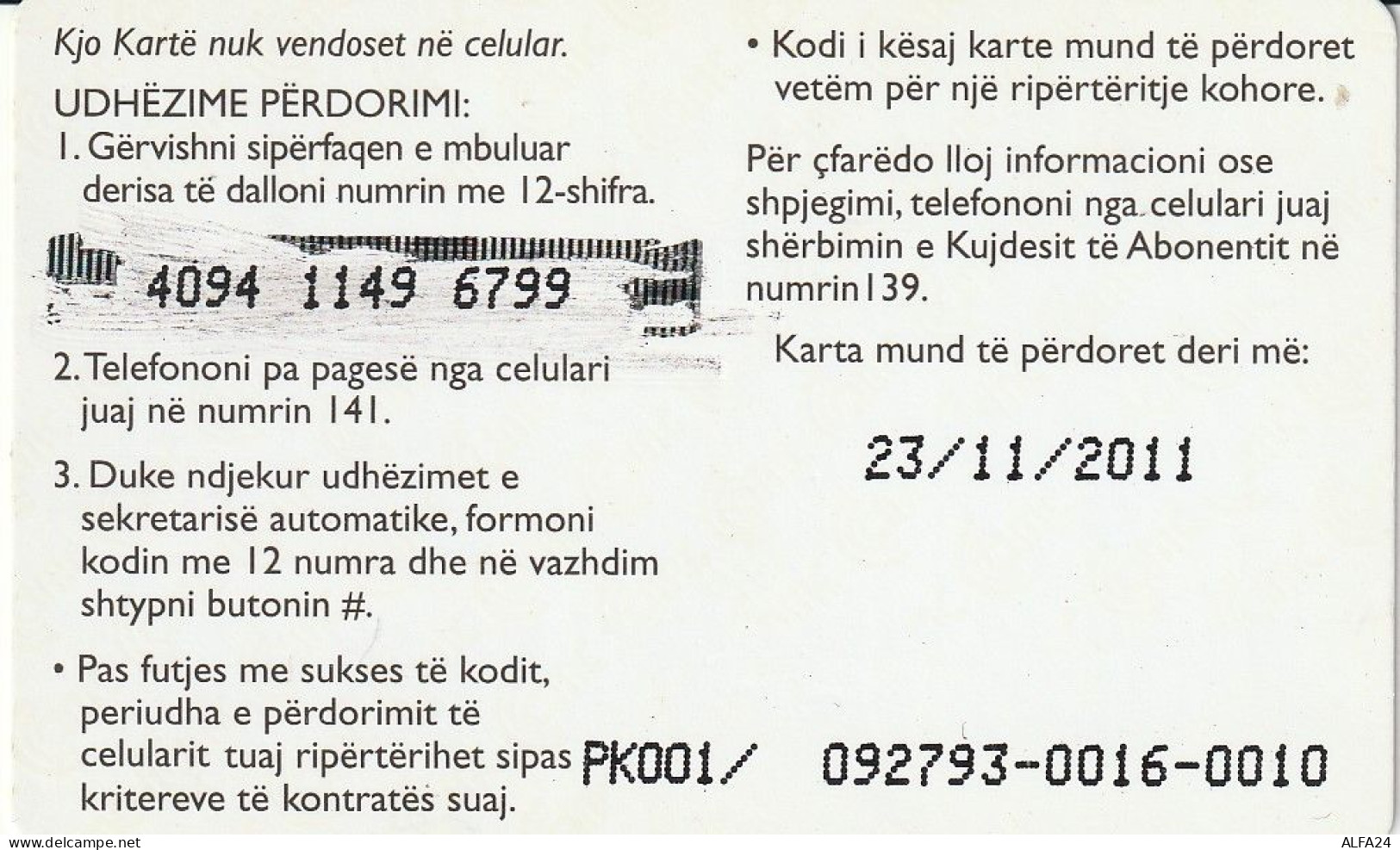 PREPAID PHONE CARD ALBANIA  (CV3938 - Albania