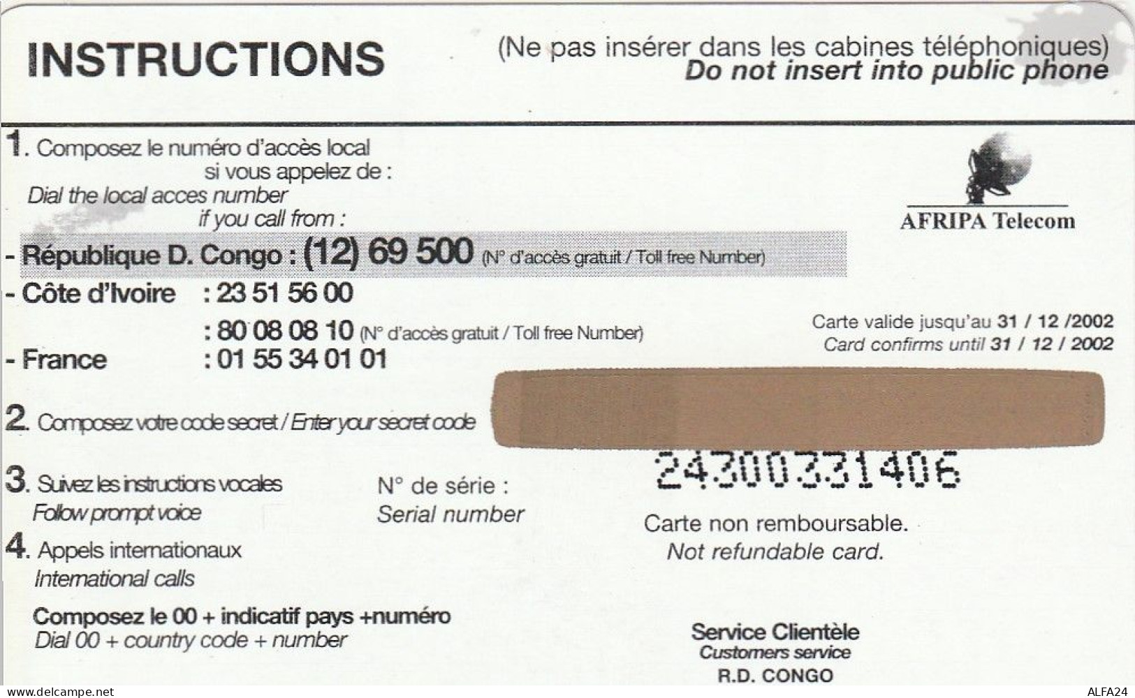 PREPAID PHONE CARD REP DEMOCATRICA CONGO  (CV3893 - Congo