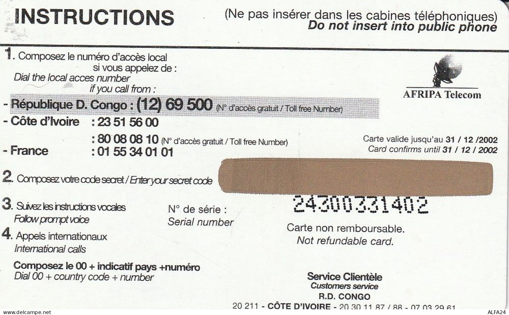 PREPAID PHONE CARD REP DEMOCATRICA CONGO  (CV3889 - Kongo