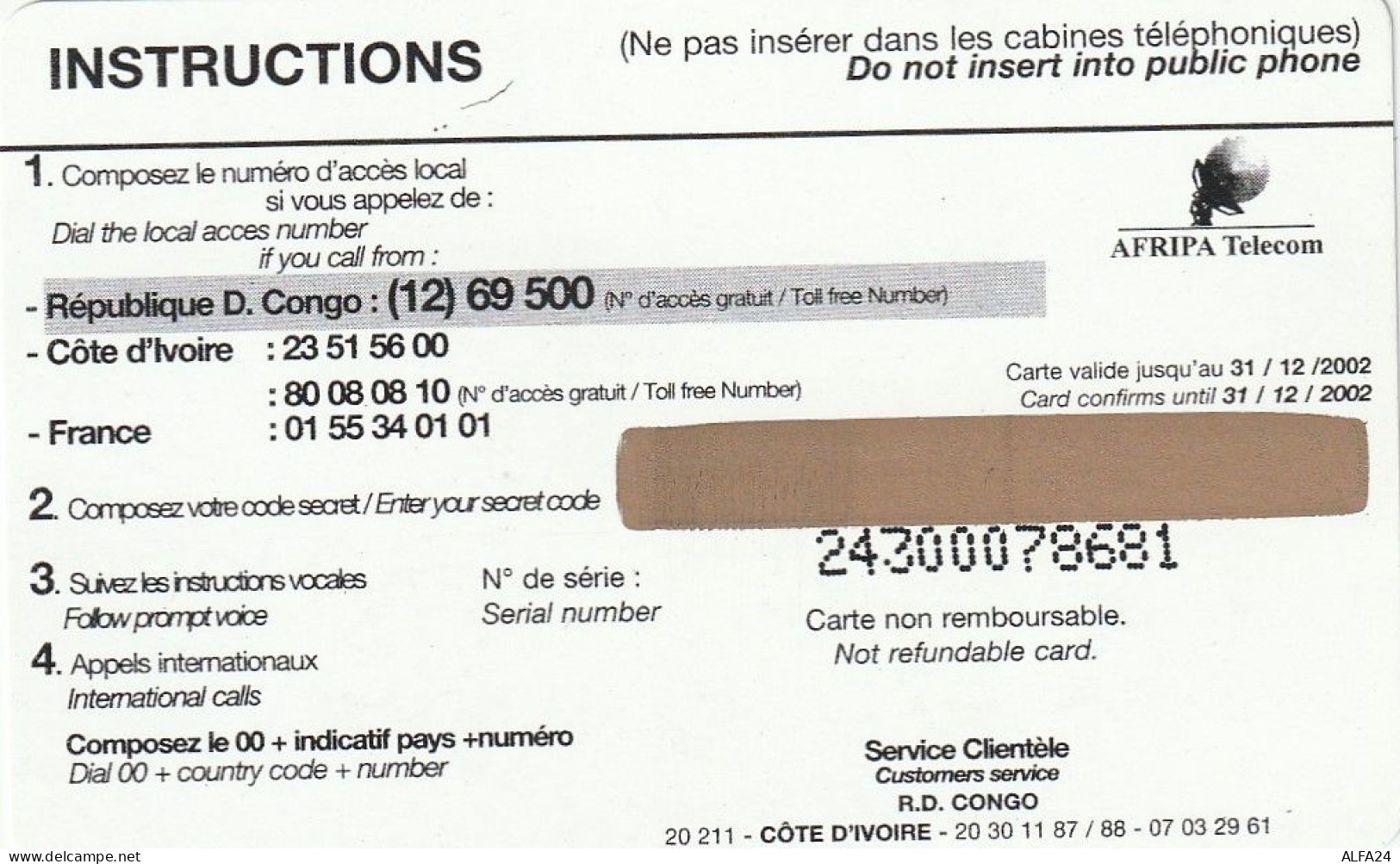 PREPAID PHONE CARD REP DEMOCATRICA CONGO  (CV3878 - Kongo