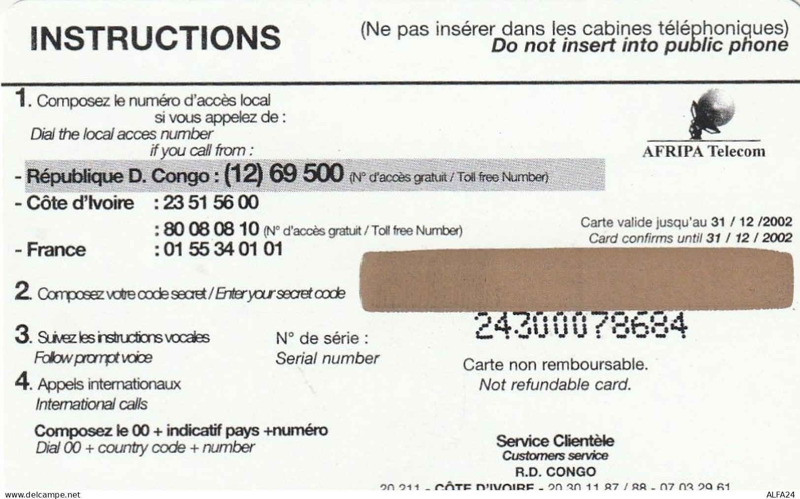 PREPAID PHONE CARD REP DEMOCATRICA CONGO  (CV3872 - Congo