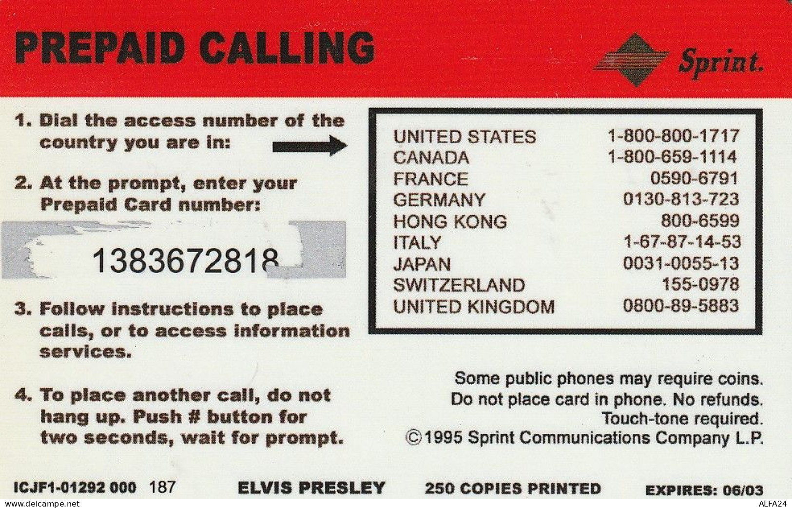 PREPAID PHONE CARD STATI UNITI ELVIS PRESLEY SPRINT TIR 250 (CV5986 - Sprint