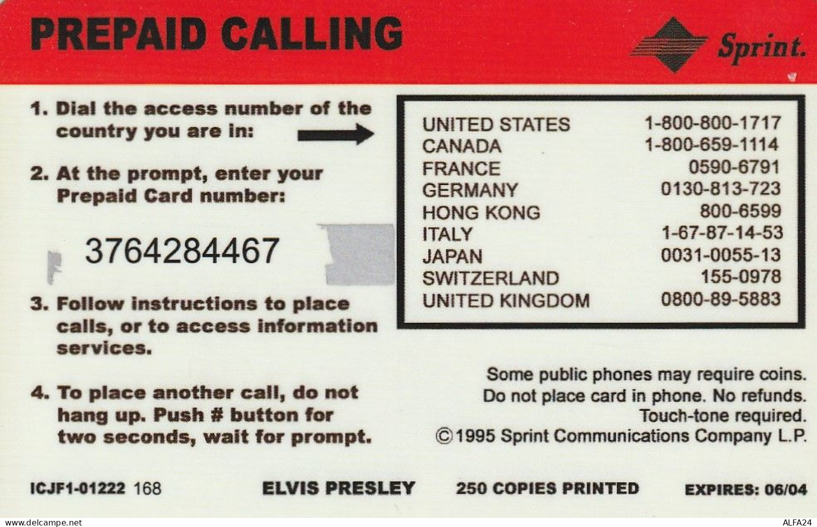PREPAID PHONE CARD STATI UNITI ELVIS PRESLEY SPRINT TIR 250 (CV5981 - Sprint