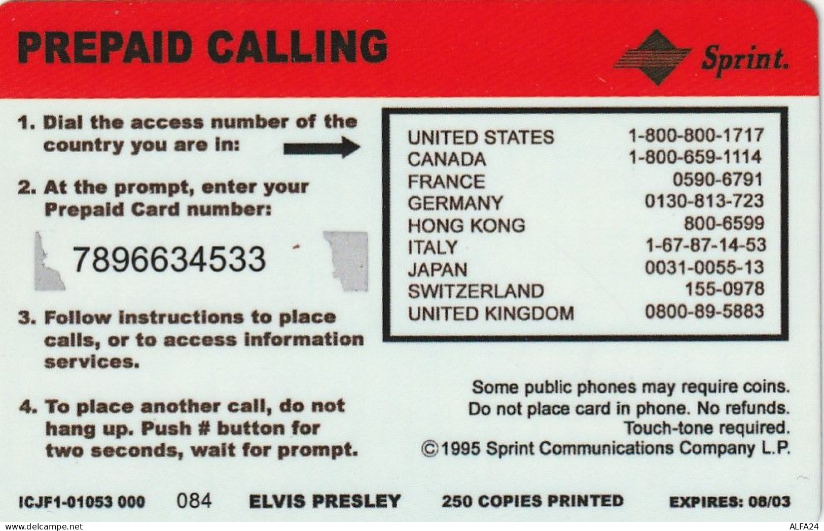 PREPAID PHONE CARD STATI UNITI ELVIS PRESLEY SPRINT TIR 250 (CV5980 - Sprint