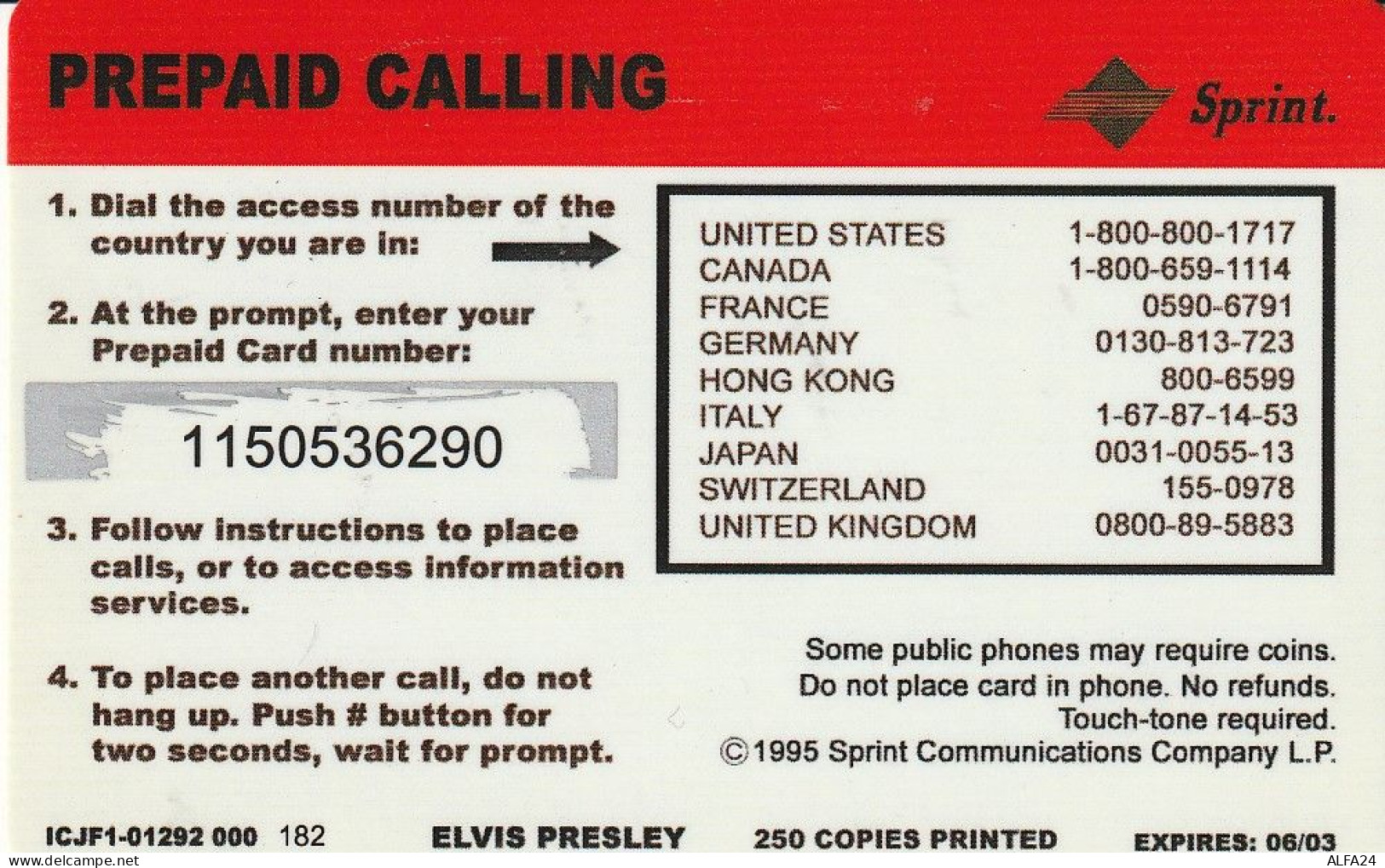 PREPAID PHONE CARD STATI UNITI ELVIS PRESLEY SPRINT TIR 250 (CV5978 - Sprint