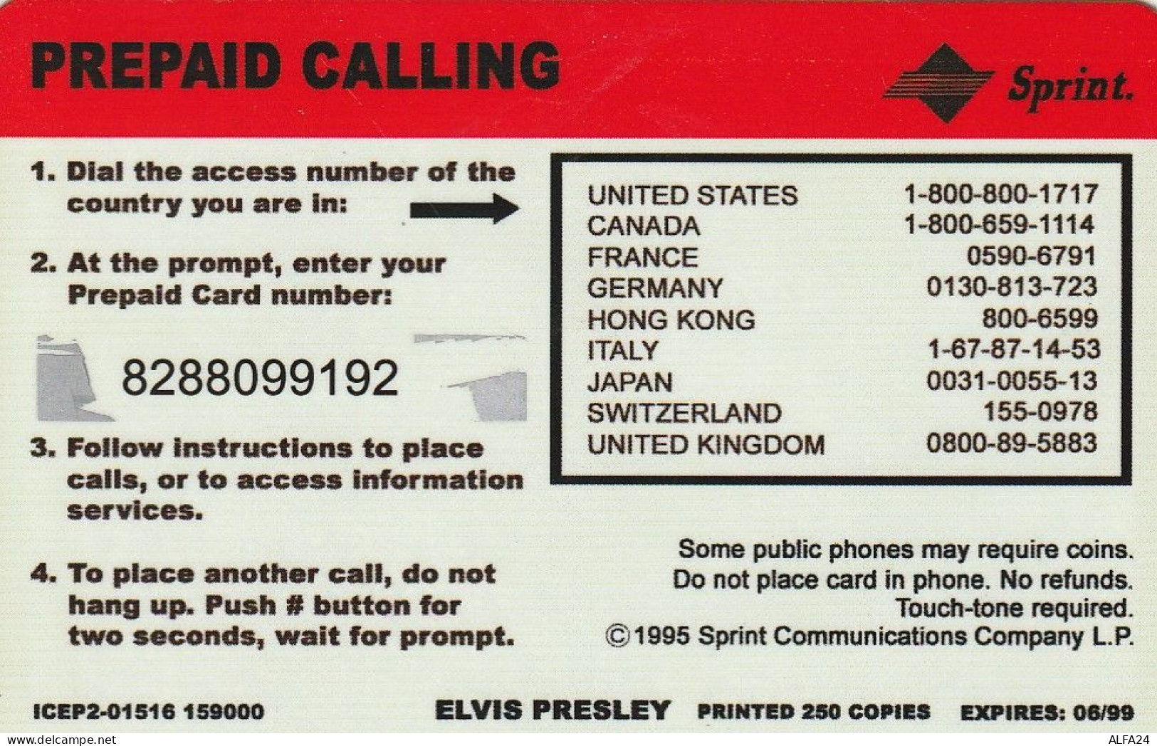 PREPAID PHONE CARD STATI UNITI ELVIS PRESLEY SPRINT TIR 250 (CV5979 - Sprint