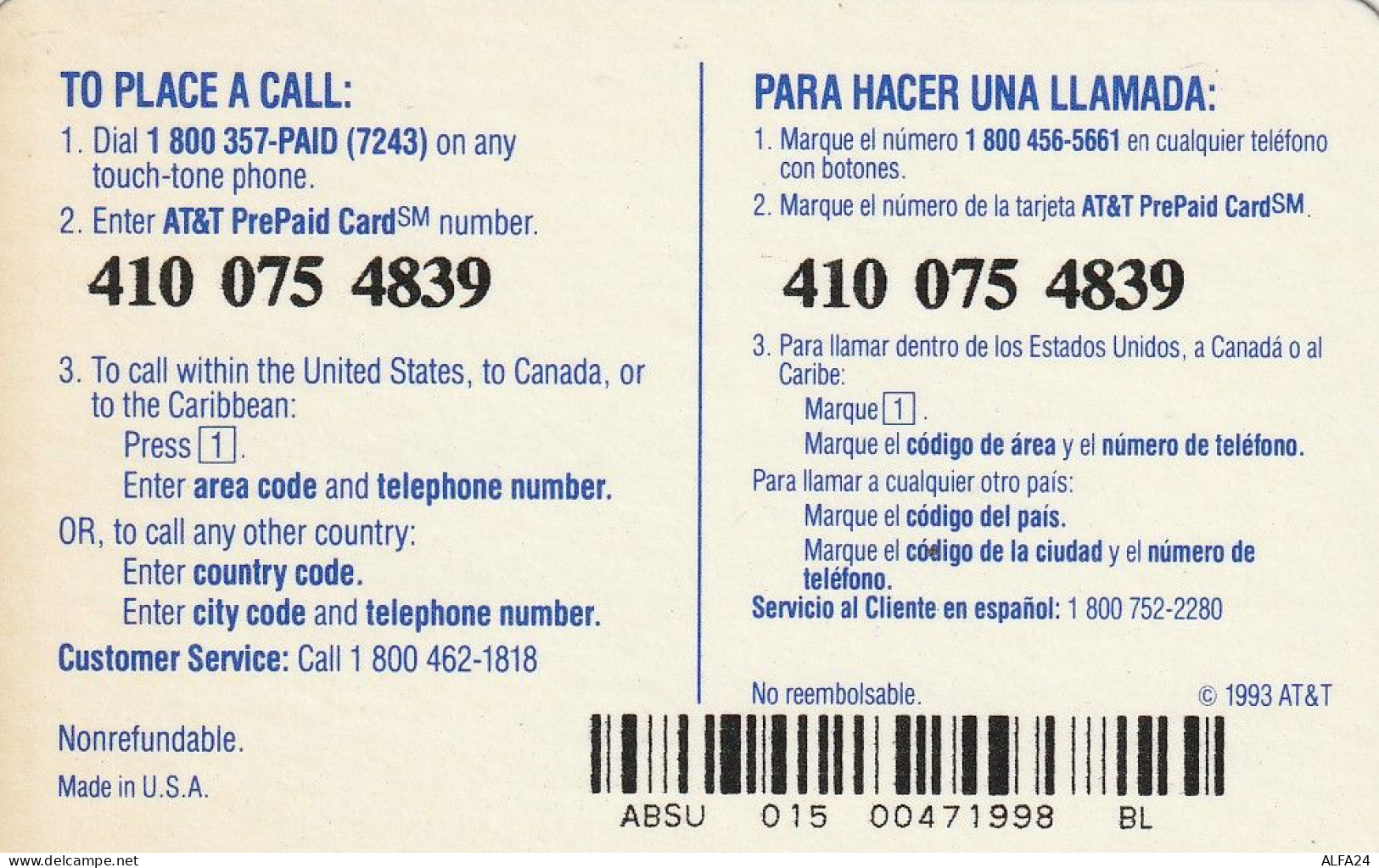 PREPAID PHONE CARD STATI UNITI AT T (CV5943 - AT&T