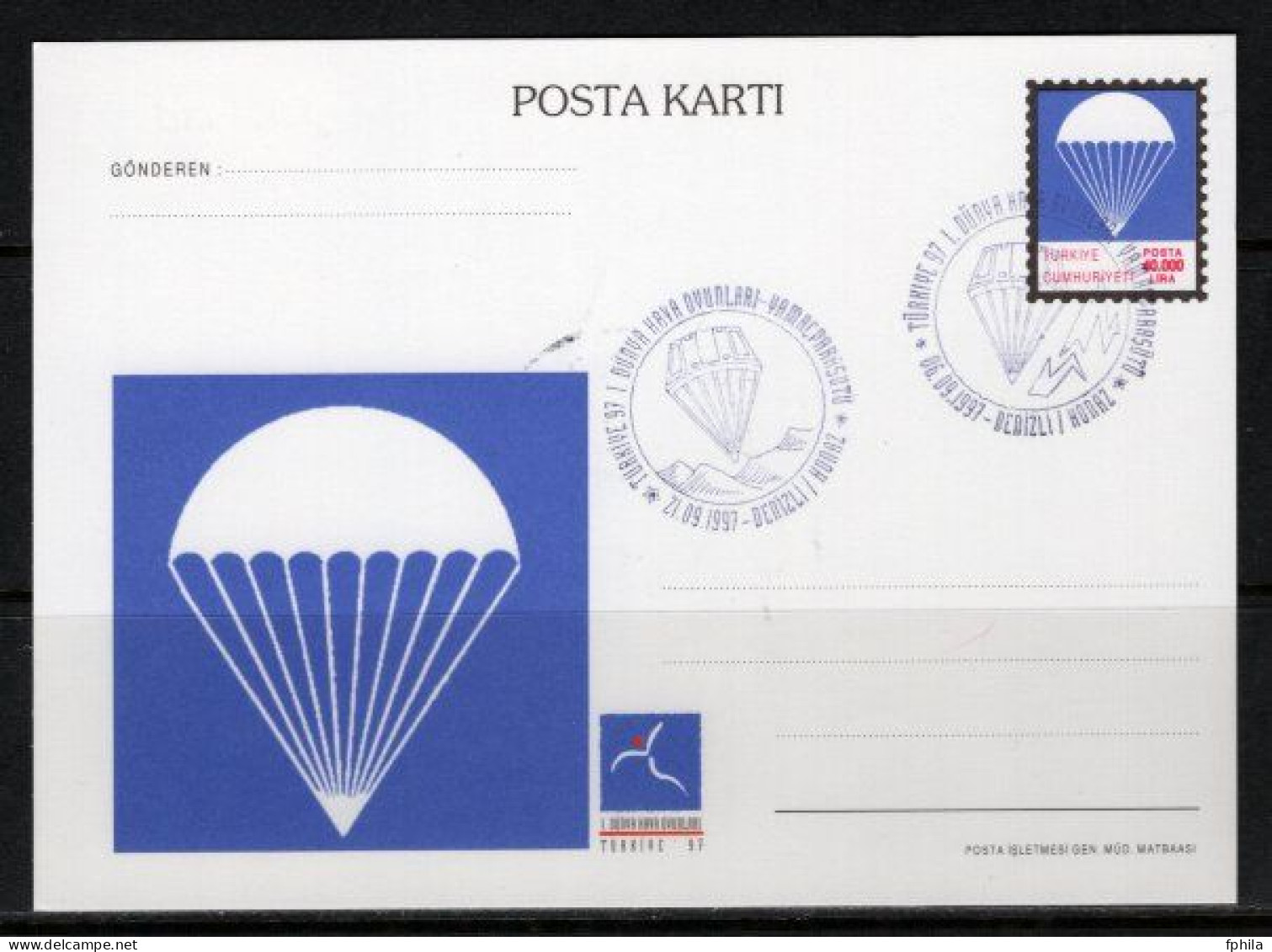 1997 TURKEY 1ST WORLD AIR GAMES PARACHUTE ILLUSTRATION - PARAGLIDING POSTCARD - Ganzsachen